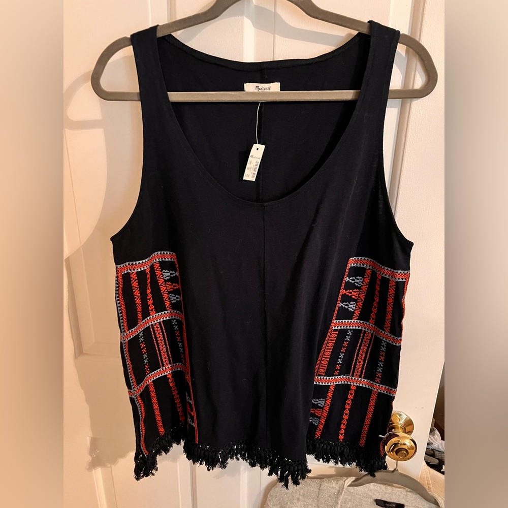 Madewell NWT embroidered fringe tank top size L large  navy with red accents